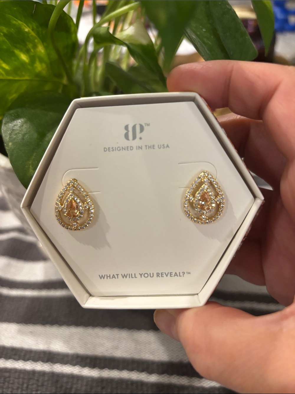 OP Gold Teardrop Earrings with Champagne Center Stones